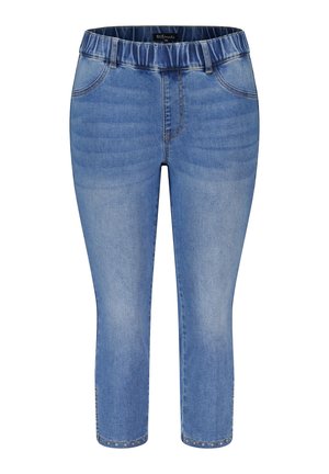 Lichtblauwe denim capri jeans met een elastische tailleband, een vijfzak ontwerp en studs langs de zoom. Soepele textuur, aansluitende pasvorm.