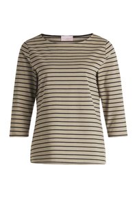 Beige Langarmoberteil mit horizontalen schwarzen Streifen, rundem Ausschnitt und weichem Stoff. Verfügt über ein kleines Etikett innen.