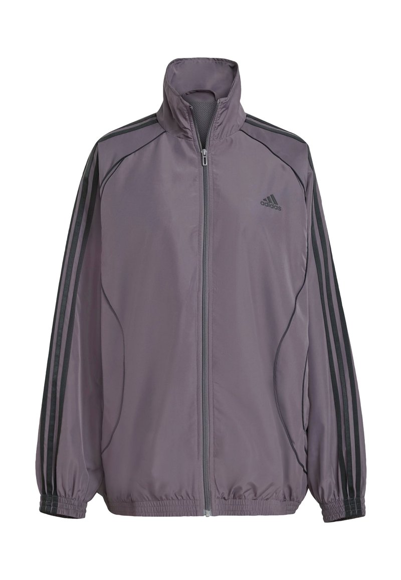 Light purple polyester jacket with high collar, full zip, elastic cuffs, and three black striped accents on shoulders. Adidas logo on chest.