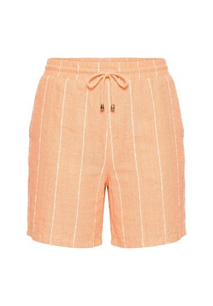 Broskvově barevné lněné šortky s bílými vertikálními pruhy, elastickým pasem a zavazovací šňůrkou s kovovými koncovkami.