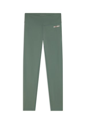 Leggings verdes de talle alto con un corte ajustado y logo de Freddy en la parte superior del muslo izquierdo, mostrados planos sobre un fondo blanco.