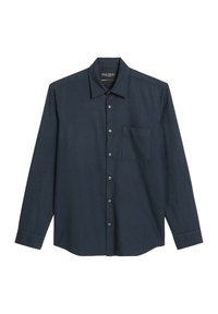 Marineblauwe lange mouwen blouse met een subtiele ruitpatroon, enkele borstzak en klassieke kraag. Gemaakt van een zachte stof.