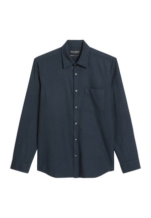Marineblaue Langarm-Hemd mit Knopfleiste, dezentem Karomuster, einer Brusttasche und klassischem Kragen. Hergestellt aus einem weichen Stoff.