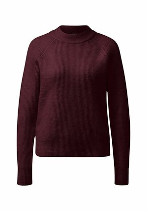 Bordeaux geribbeld gebreid sweater met een hoge kraag, lange mouwen en een ontspannen pasvorm, voorzien van een textuurstof en een rechte onderomslag.