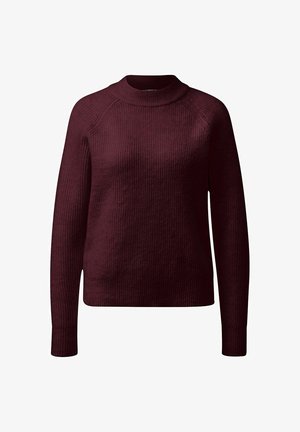 Bordo rebrasti pleteni pulover s visokim ovratnikom, dugim rukavima i opuštenim krojem, sa teksturiranom tkaninom i ravnim donjim obrubom.