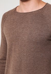 Brown long-sleeve sweater made of textured knit fabric with a round neckline and raglan sleeves, featuring subtle lighter speckles throughout.