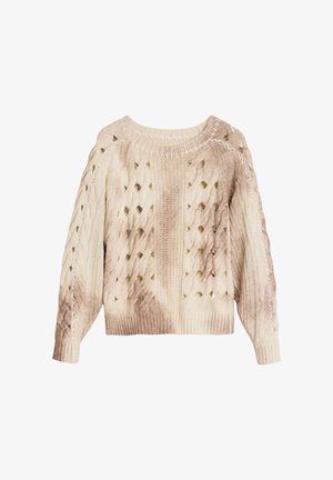 Beige kabelstrikket sweater med hulmønstre i diamantform og ribstrikkede manchetter, halsudskæring og kant, der viser en gradientfarveffekt.