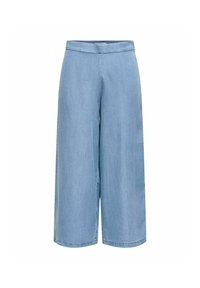 Pantalones de mezclilla de pierna ancha en azul claro con una textura suave y una cinturilla alta. Presentan un diseño simple sin herrajes visibles ni patrones.