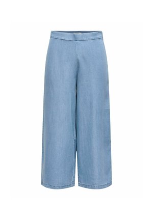 Gai zilie platai džinsi ar gludu tekstūru un augstu jostasvietu. Iezīmē vienkāršu dizainu bez redzamiem elementiem vai rakstiem.