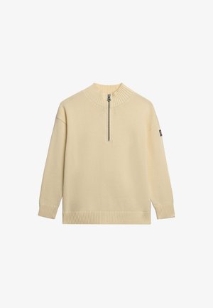 Sweter w kolorze kremowym z wysokim kołnierzem, zamek błyskawiczny na pół długości oraz ściągaczami na rękawach i dolnym brzegu. Wykonany z miękkiego, textured plecionego materiału.