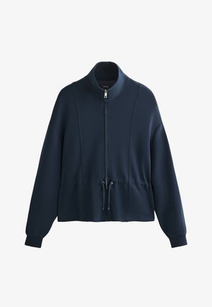 Dunkelblaues Zip-Up Sweatshirt mit hohem Kragen, Kordelzugsaum und gerippten Bündchen; zeichnet sich durch sichtbare Nähte und eine glatte Textur aus.