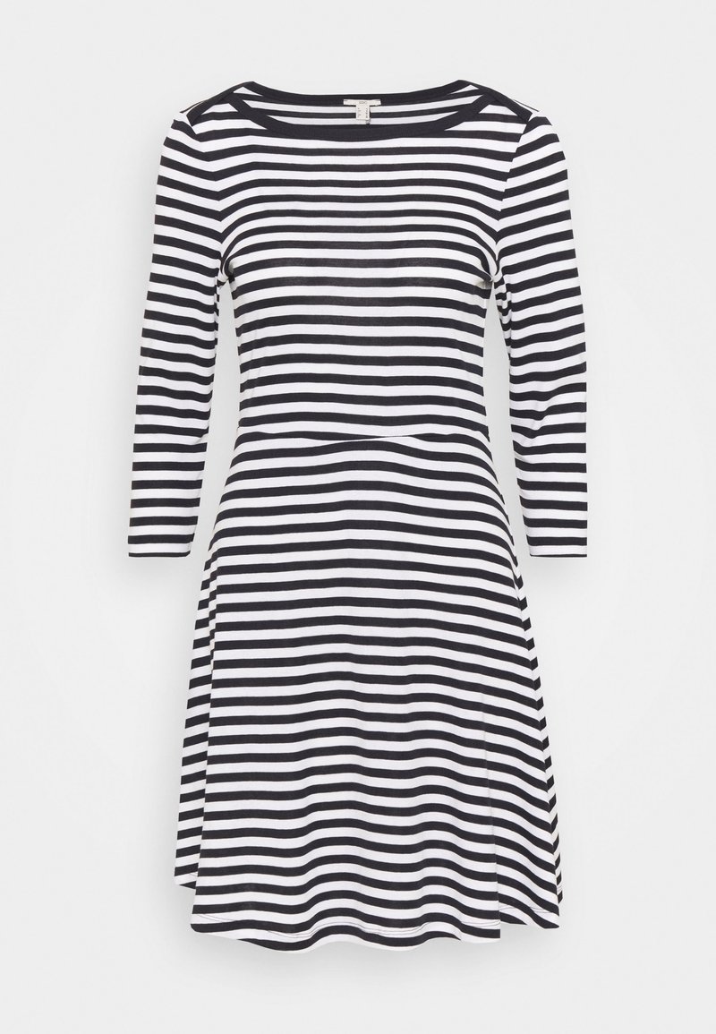 Robe à manches longues à rayures horizontales noires et blanches, avec un col rond et une jupe légèrement évasée.