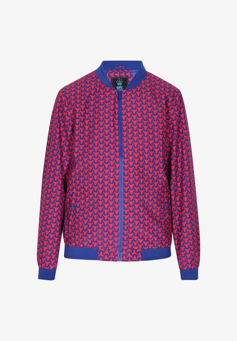 Kurtka bomber z suwakiem w kolorze purpurowym z czerwonym wzorem małych sylwetek. Posiada ściągacze na rękawach i kołnierzu oraz lekką tkaninę.