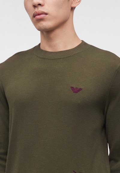 Homme portant un pull en maille vert olive avec un col rond et un petit logo violet sur la poitrine sur un fond uni.