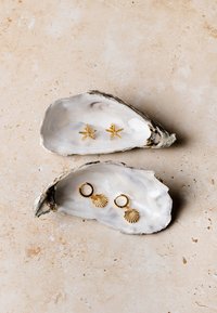 Orecchini a forma di stella marina e conchiglione dorati esposti in due conchiglie d'ostrica aperte su una superficie beige testurizzata. Metallo liscio e lucido con dettagli intricati.