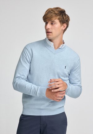 Lichtblauw V-hals trui van zachte gebreide stof, met ribbelboorden en zoom, en een klein donker logo op de borst.