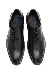 Scarpe eleganti nere in pelle con design allacciato, texture liscia, punta rotonda e marchio blu "RYLKO" sulla soletta.