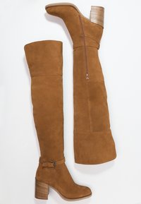 Botas de ante marrón hasta la rodilla con tacón apilado, detalle de cremallera y un acento de hebilla en el tobillo. Textura suave, forma alta.