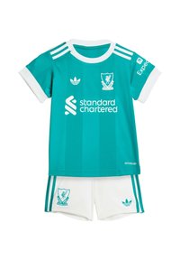 Liverpool FC w kolorze teal i białym dziecięcy strój piłkarski z krótkimi rękawami, z logo oraz marką sponsora na koszulce i szortach.
