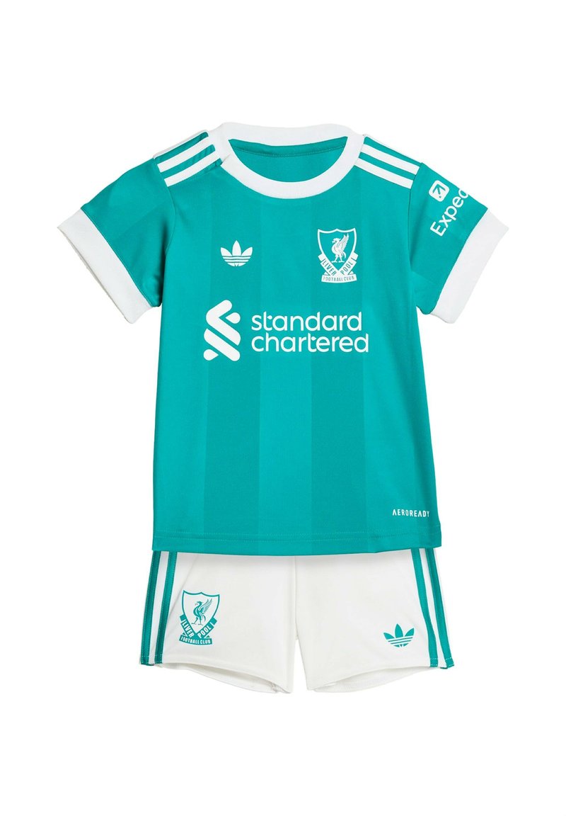 Liverpool FC w kolorze teal i białym dziecięcy strój piłkarski z krótkimi rękawami, z logo oraz marką sponsora na koszulce i szortach.