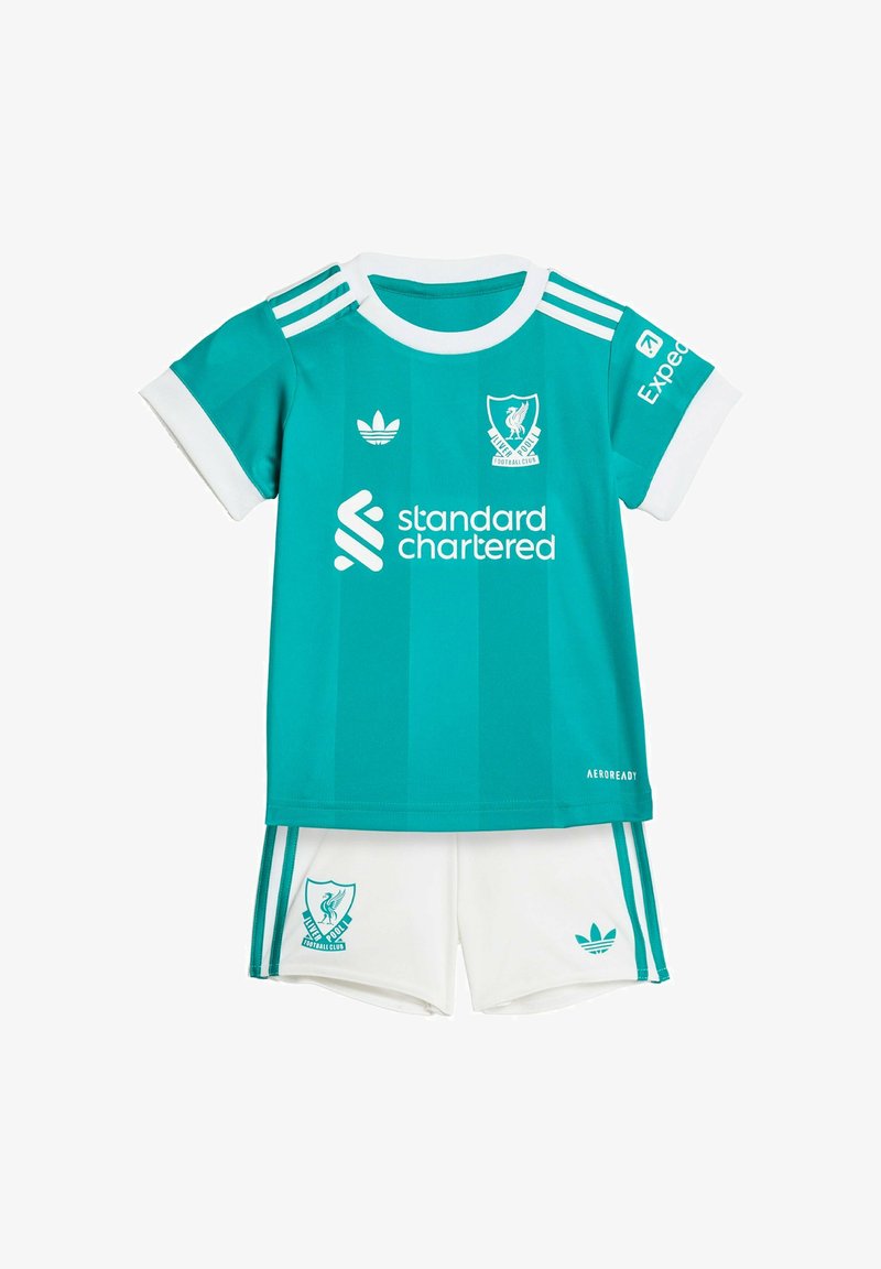 Liverpool FC w kolorze teal i białym dziecięcy strój piłkarski z krótkimi rękawami, z logo oraz marką sponsora na koszulce i szortach.