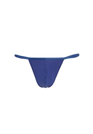 Slip bikini stile tanga blu navy con sottili laccetti laterali e cucitura visibile al centro davanti.
