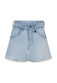 Shorts in denim azzurro chiaro con orlo sfilacciato, design classico a cinque tasche e chiusura con bottone. Presenta il logo sulla vita.