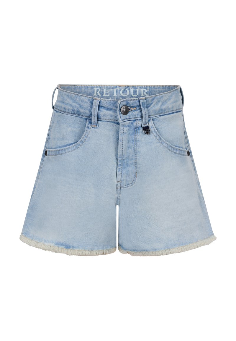 Shorts in denim azzurro chiaro con orlo sfilacciato, design classico a cinque tasche e chiusura con bottone. Presenta il logo sulla vita.
