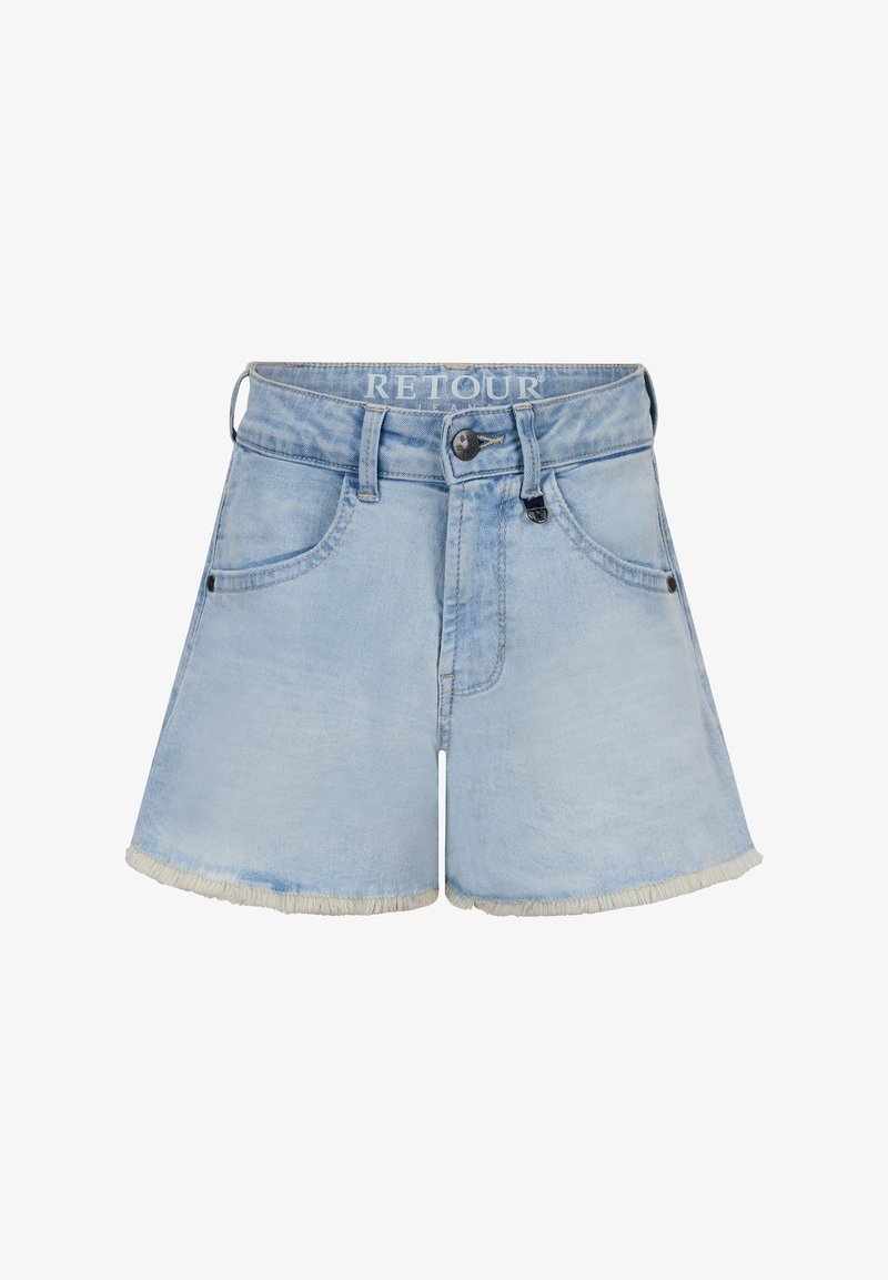 Shorts in denim azzurro chiaro con orlo sfilacciato, design classico a cinque tasche e chiusura con bottone. Presenta il logo sulla vita.