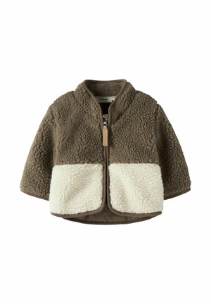 Giacca in pile per bambino piccolo, marrone e bianca, con cerniera frontale e maniche lunghe, dotata di due tasche in pile bianco nella parte inferiore frontale.