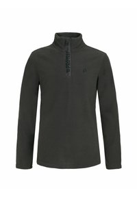 Pull en polaire gris foncé avec un col zippé demi, arborant un logo noir sur la poitrine et une texture lisse et douce partout.