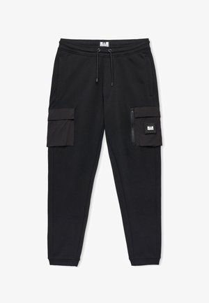 Zwarte taps toelopende joggingbroek met elastische taille, trekkoord, twee zijzakken en cargozakken met rits en klep op de dijen.