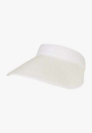 Biela šiltovka s hlavou z textúrovanej slamy, širokým okrajom a pevným látkovým pásom na vrchu, poskytujúca ochranu pred slnkom.