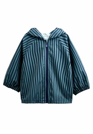 Kapuzensweatjacke mit navyblauen und grünen vertikalen Streifen, Reißverschluss vorne und elastischen Bündchen an den Ärmeln.