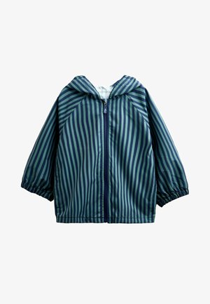 Kapuzensweatjacke mit navyblauen und grünen vertikalen Streifen, Reißverschluss vorne und elastischen Bündchen an den Ärmeln.