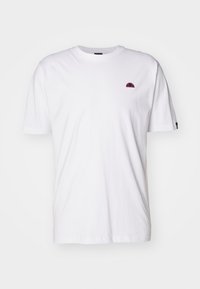 Hvid bomulds t-shirt med korte ærmer, der har et lille pink buet logo på den øvre venstre brystområde. Klassisk crew neck design.