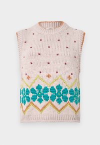 Suéter sin mangas de punto en rosa claro con diseño floral turquesa, acentos naranjas y patrón texturizado. Cuello y dobladillo acanalados.