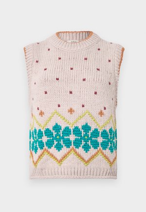 Pulover tricotat fără mâneci, roz deschis, cu un design floral turcoaz, accente portocalii și un model texturat. Decolteu și tiv cu refileu.