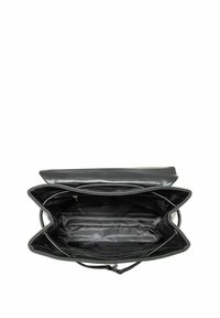 Czarna skórzana torebka, charakteryzująca się gładką powierzchnią, podwójnymi przegrodami i błyszczącymi złotymi akcentami. Wnętrze wyłożone miękką czarną tkaniną.