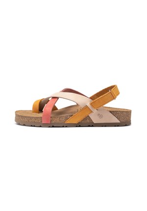 Sandali platform in sughero con design a tracolla incrociata in pelle beige, rosa e arancione. Presentano una cinghia alla caviglia regolabile e una suola texturizzata.