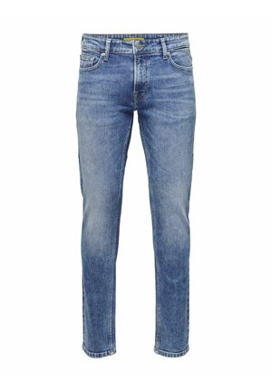 Sinine teksapüksid kitsa lõikega, millel on heledam pesu, viie tasku disain ning tavaline vöökohaga, kus on vöölõngad.