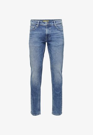 Plave traper hlače slim fit kroja, s svijetlim pranjem, dizajnom s pet džepova i standardnim pojasom s petljama za remen.