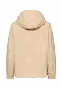 Veste à capuche beige à manches longues avec poignets élastiques, vue de dos sur fond blanc.