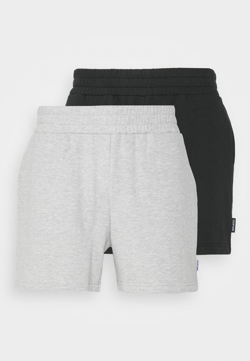 Conjunto de dos pares de pantalones cortos: uno gris y otro negro. Fabricados en una tela suave con cintura elástica y detalles de costura, con aberturas laterales.