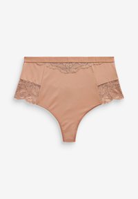 Perizoma color nude a vita alta con dettagli in pizzo floreale sui lati e sulla cintura posteriore, disposto su uno sfondo bianco.
