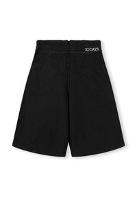 Zwarte shorts met een brede pijpdesign, gemaakt van een gladde stof. Heeft een elastische tailleband en twee achterzakken. Merkenlogo op de tailleband.