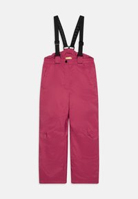 Rosa vanntette snøbukser med justerbare svarte seler, elastisk midjebånd og to sidelommer, med en glatt og skinnende tekstur.