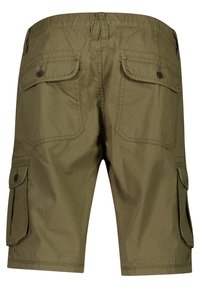 Pantalones cortos cargo color caqui, fabricados en una mezcla de algodón, con una cinturilla elástica, dos bolsillos laterales y dos bolsillos traseros con solapa. Textura suave.