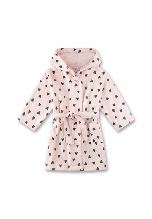 Hellrosa Kinderbademantel mit schwarzen Herzmustern, Kapuze, langen Ärmeln, Fronttaschen und gebundenem Taillengürtel.