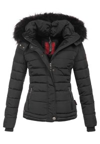 Chaqueta de plumas negra con capucha que incluye un borde de piel sintética, cierre frontal con cremallera y dos bolsillos laterales. Patrón acolchado en toda la prenda.